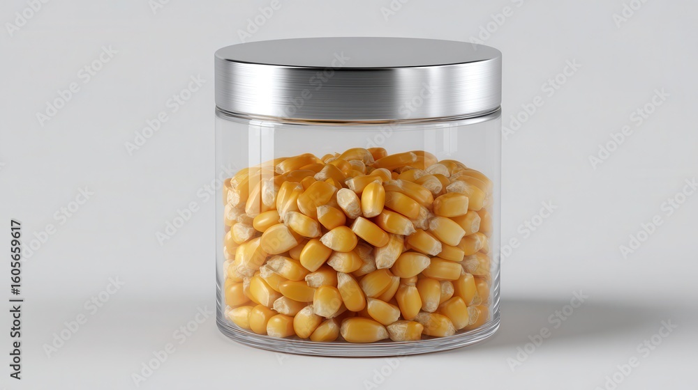 Golden Kernel's Embrace: A transparent glass jar, elegantly capped with ...