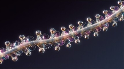 Wall Mural - Microscopic view of a strand of spider silk being drawn, highlighting its fine, delicate texture as it glistens with iridescent colors against a dark background