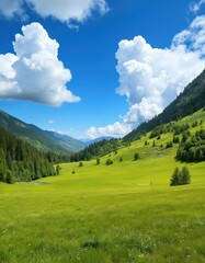 Wall Mural - Vast green meadow under bright blue sky with fluffy white clouds. Serene landscape on sunny summer day. Rich grassy field with scattered trees and rolling hills.