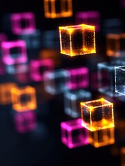 Wall Mural - glowing translucent cubes in neon colors float against a dark background, creating a futuristic and 