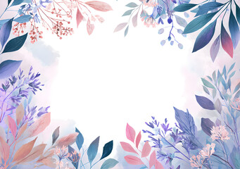 Wall Mural - Pale leaves - botanical design banner. Floral pastel watercolor border frame.