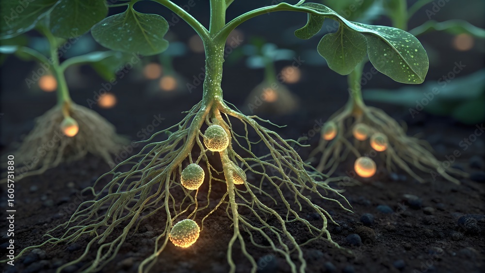 Zoomed-in 3D view of root nodules on a legume plant — nitrogen-fixing ...