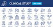 © Icons-Studio - Clinical Study line icon set. Research, clinical trial, laboratory, researcher, consent form, medication, experimental, analysis, clinical data and more. Outline vector icons collection.