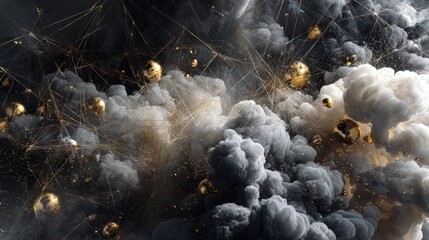 Wall Mural - metallic spheres and dust clouds intertwine, creating a mesmerizing interplay of gold and gray again