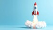© Sunshine - A retro-styled rocket launching against a blue background, surrounded by smoke and flames, symbolizing innovation and exploration.