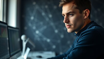 A developer in a dark blue sweater works intently at a minimalist desk with soft lighting.