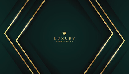 Dark Green luxury background with golden lines curve and glitter light effect. Elegant style vector design