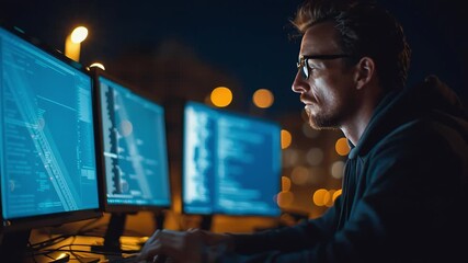 Focused programmer working at computer during night with city lights with ai generated