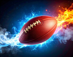 An American football is surrounded by blue and orange flames, creating a dynamic and energetic visual effect.