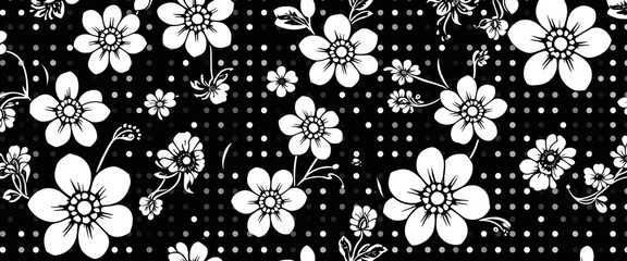 Wall Mural - elegant black and white floral dot seamless pattern, perfect for textile design, repeat, print