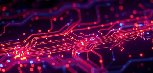Wall Mural - Abstract digital circuitry glowing in dark background,  pulse,  light