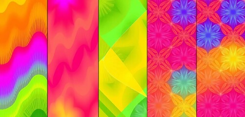 Poster - vibrant abstract geometric patterns; seamless vector swatches in orange, pink, purple, green, yellow