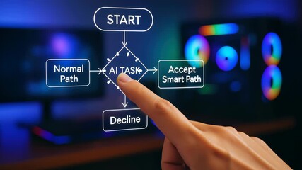 Artificial intelligence automation technology with hand and finger selecting smart task decision path for automatic acceptance or decline process