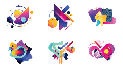 vector icon set of colorful abstract shapes and flying ribbons isolated on white background