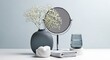 © Tama's - Modern vanity arrangement with gray vase flowers makeup mirror and glass of water