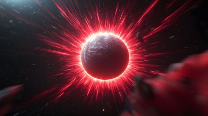 Wall Mural - The image shows an earth-like planet surrounded by a bright red glow and streaks of light, set against the backdrop of a star-filled space, creating a sense of cosmic scale.