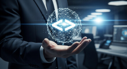 A man in a suit holding a glowing sphere with code symbols in his palm in an office setting