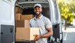 © StocksJust4You - A delivery European man holding a parcel box and standing confidently in front of his delivery van. Suitable for marketing or business purposes. Panoramic banner with place for text