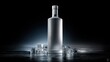 © nicole - Frosted Vodka Bottle with Silver Cap and Ice on Black Background, Luxury Alcohol Branding Mockup with Dramatic Lighting