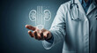 © mod - Doctor presenting human kidney and bladder hologram in hand wearing a white coat and stethoscope