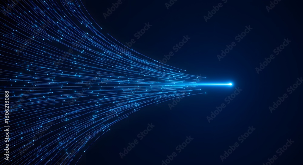 A vibrant stream of glowing blue digital lines and particles converges ...