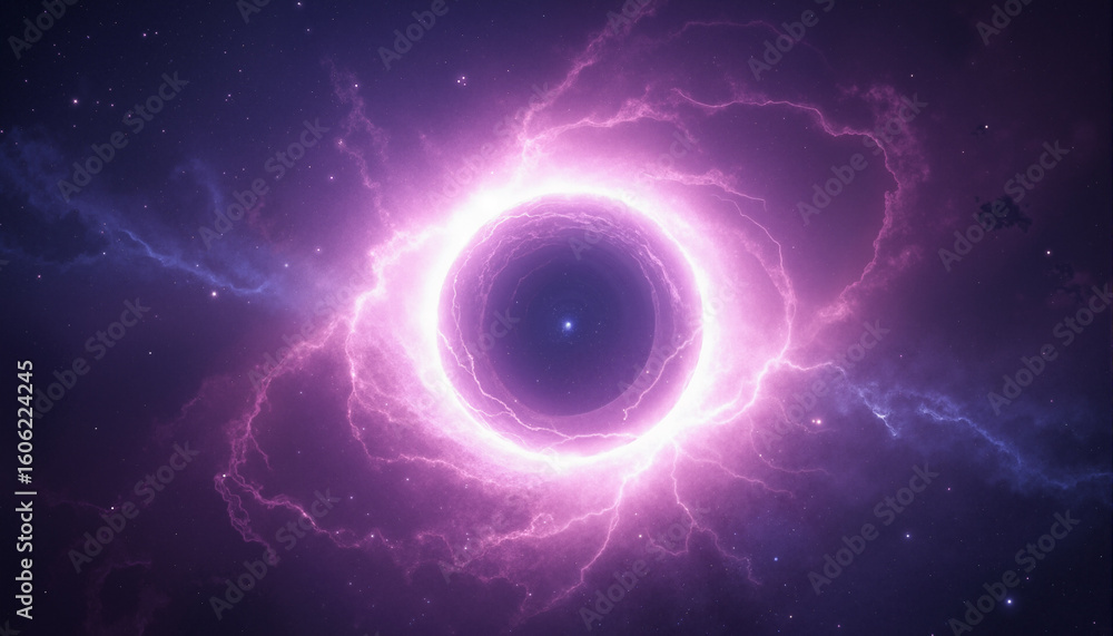 s a black hole in the center of a purple nebula Stock Photo | Adobe Stock