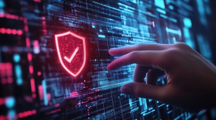 A hand interacts with a digital screen displaying a glowing red security shield with a checkmark