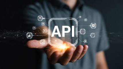 man holding a glowing transparent phone displaying the word api surrounded by digital icons and netw