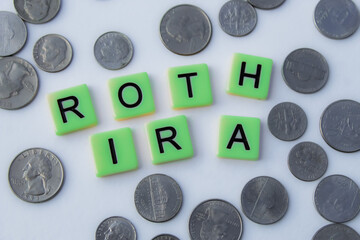 Wall Mural - roth ira green letter tiles with coins isolated on white financial retirement banner. retirement and
