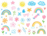 Crayon drawn kid doodle collection  Colorful childish elements like clouds  flowers   png
