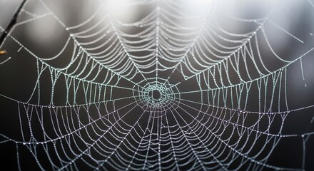 Captivating spiderweb glistening with morning dew drops in a dark, serene background