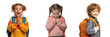 © imagify - Three children with backpacks showing different emotions isolated on black isolated on a transparent background