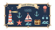 © Rangga - Charming 'Seaside Adventure' illustration. Features classic nautical elements like a lighthouse, sailboat, anchors, starfish, and jellyfish for travel and ocean themes.