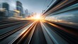 © Promptalo - A high-speed train rushes through a modern cityscape at sunset, creating dynamic motion blur and energy