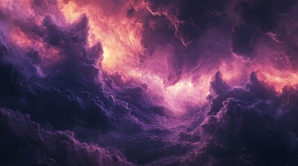 Wall Mural - Dramatic, colorful cloudscape, with pink and purple clouds and a glow in the sky, resembling a magical, fantasy world