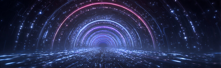 Wall Mural - Vibrant blue-purple gradient particle flows forming an endless tunnel with glowing circuit patterns, futuristic digital abstract background for technology and sci-fi concepts.