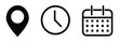 © Hike Studio 786 - Address location icon. Stopwatch timer icon. Date Calendar icon - Web icons set. Calendar, Location pin, Clock icons. Event icon set. Address, time, date symbols vector eps 10