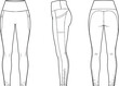 © Zahid Creatives - Women’s leggings technical sketch front, side, and back views, high waistband, side pockets, contoured seams, fitted silhouette, fashion flat activewear illustration