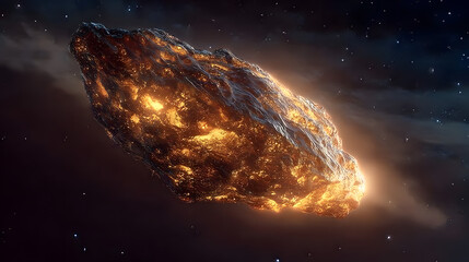 Wall Mural - Interstellar Object. Golden meteor space rock glowing cosmic journey a