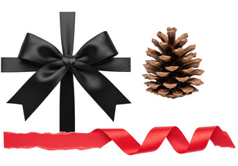 Wall Mural - A black satin bow and a pinecone with a red ribbon isolated on a transparent background