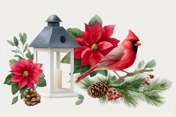 Wall Mural - watercolor christmas decoration with a lantern, a cardinal bird and poinsettias