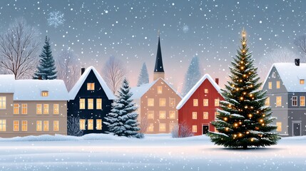 Wall Mural - christmas tree illuminating snowy village during snowfall at twilight