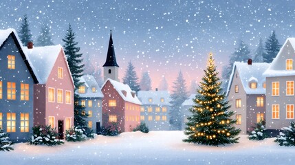 Wall Mural - christmas tree illuminating snowy village during snowfall at twilight