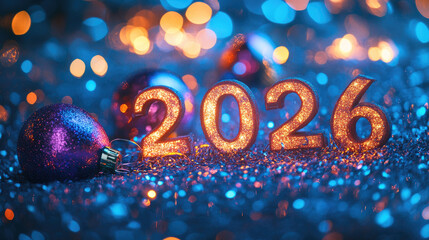 Wall Mural - golden shiny happy new year 2026 lettering animation with sparkling effects, festive christmas celeb