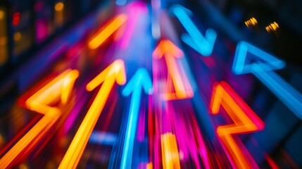 Sticker - Dynamic and colorful arrows in motion create a sense of direction and energy. Bright neon lights illuminate the scene. A vibrant illustration of progress and movement. Generative AI