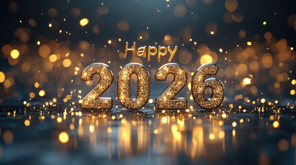 Wall Mural - golden shiny happy new year 2026 lettering animation with sparkling effects, festive christmas celeb