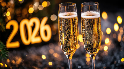 Wall Mural - two champagne glasses with golden 2026 numbers on a dark shimmering background, creating a festive c