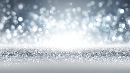 Silver glitter background with bokeh lights.