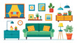 © Ashiqur - A vibrant and cheerful living room illustration featuring a green sofa colorful furniture potted plants and framed artwork creating a cozy and inviting atmosphere with