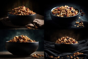 Four dark bowls overflow with granola, showcasing variations of nuts, seeds, and dried cranberries against moody, textured backgrounds.  Each bowl sits on a dark cloth